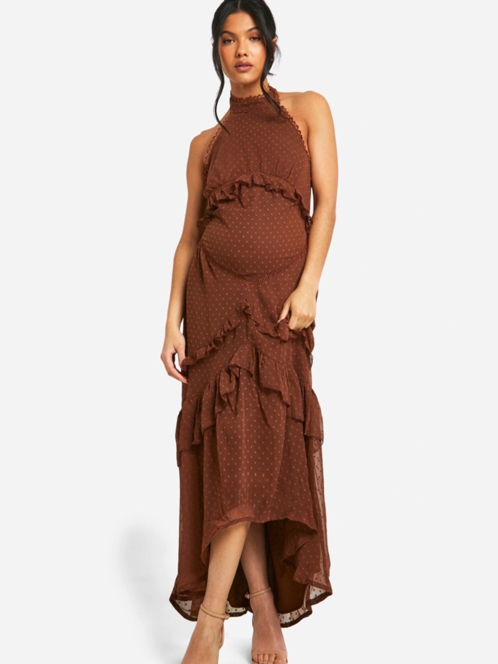 Boohoo Chocolate Brown Ruffle Halter Maxi Dress